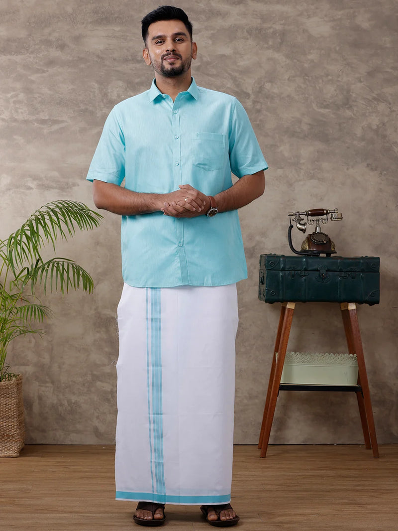 Ramraj Cotton Rich Blue Shirt with Matching Border Dhoti Set C50