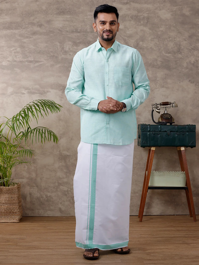 Ramraj Cotton Rich Light Pista Green Shirt with Matching Border Dhoti Set C83