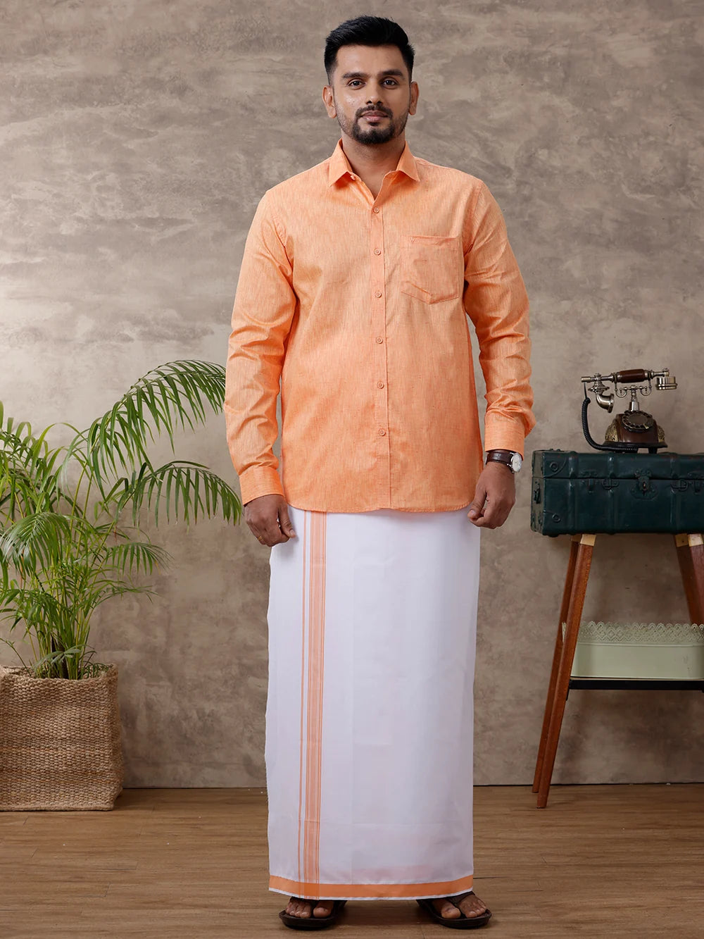 Ramraj Cotton Rich Orange Shirt with Matching Border Dhoti Set C2