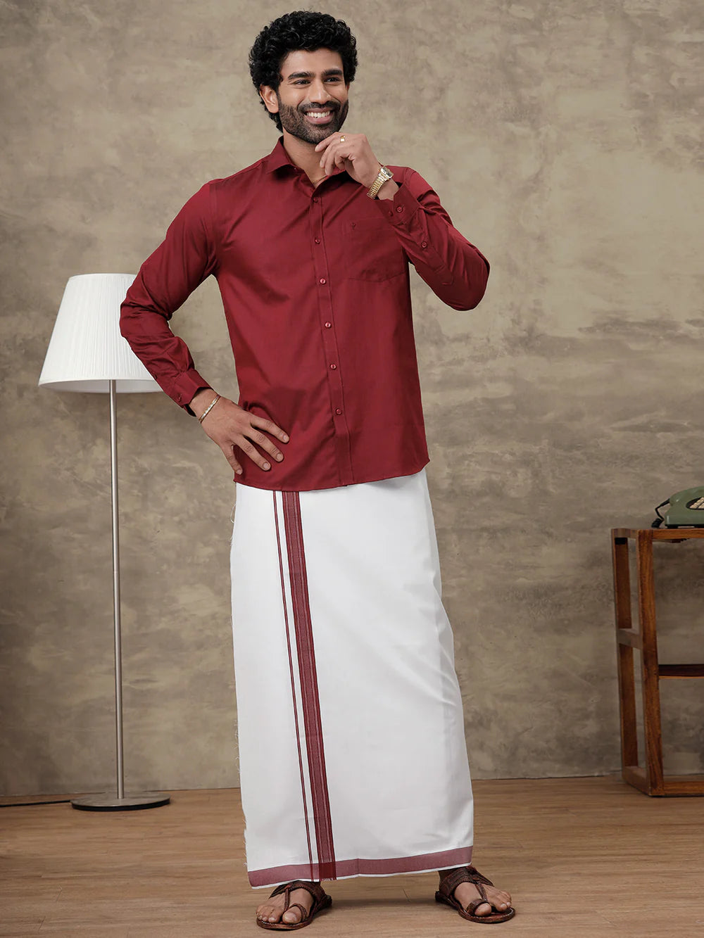 Ramraj Cotton Rich Dark Red Colour Shirt With Matching Border Dhoti Set Evolution ROX6