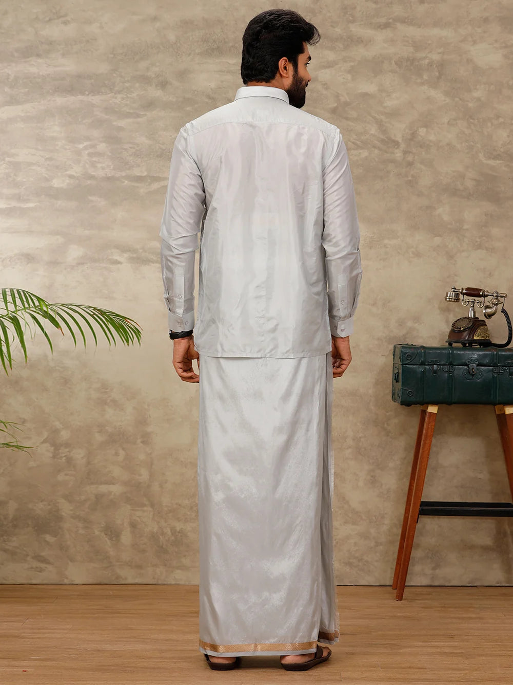 Ramraj Art Silk Silver Grey Shirt with Dhoti & Towel Set