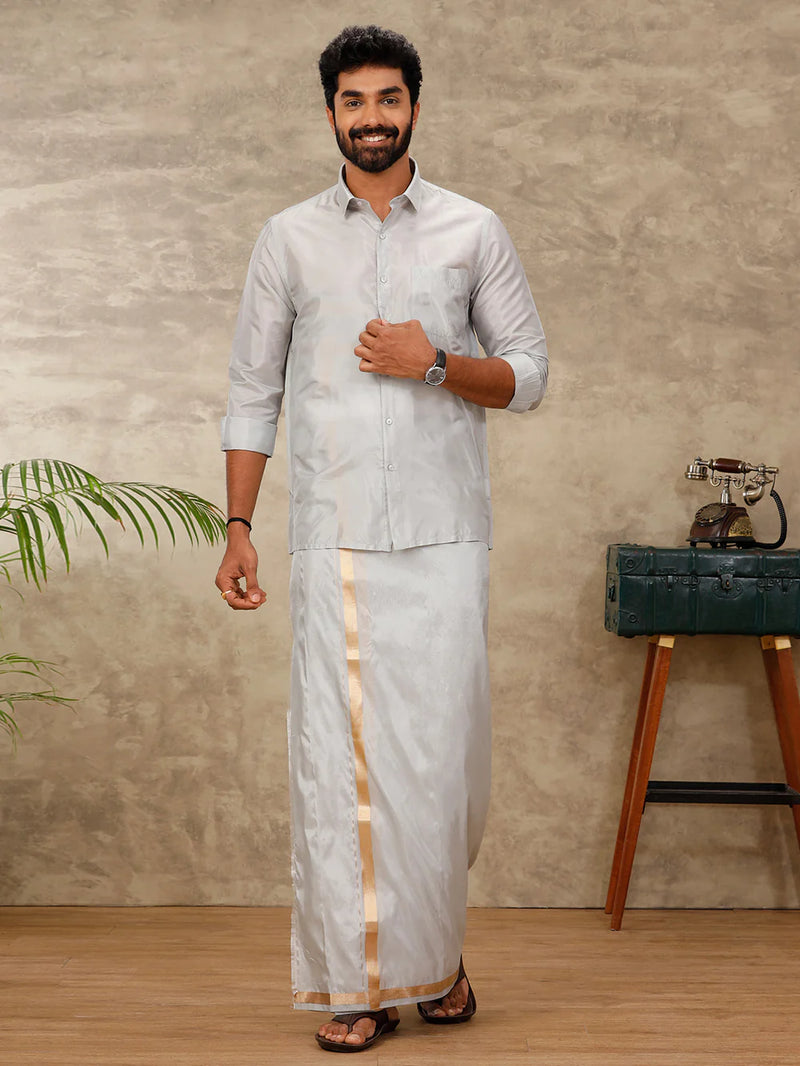 Ramraj Art Silk Silver Grey Shirt with Dhoti & Towel Set