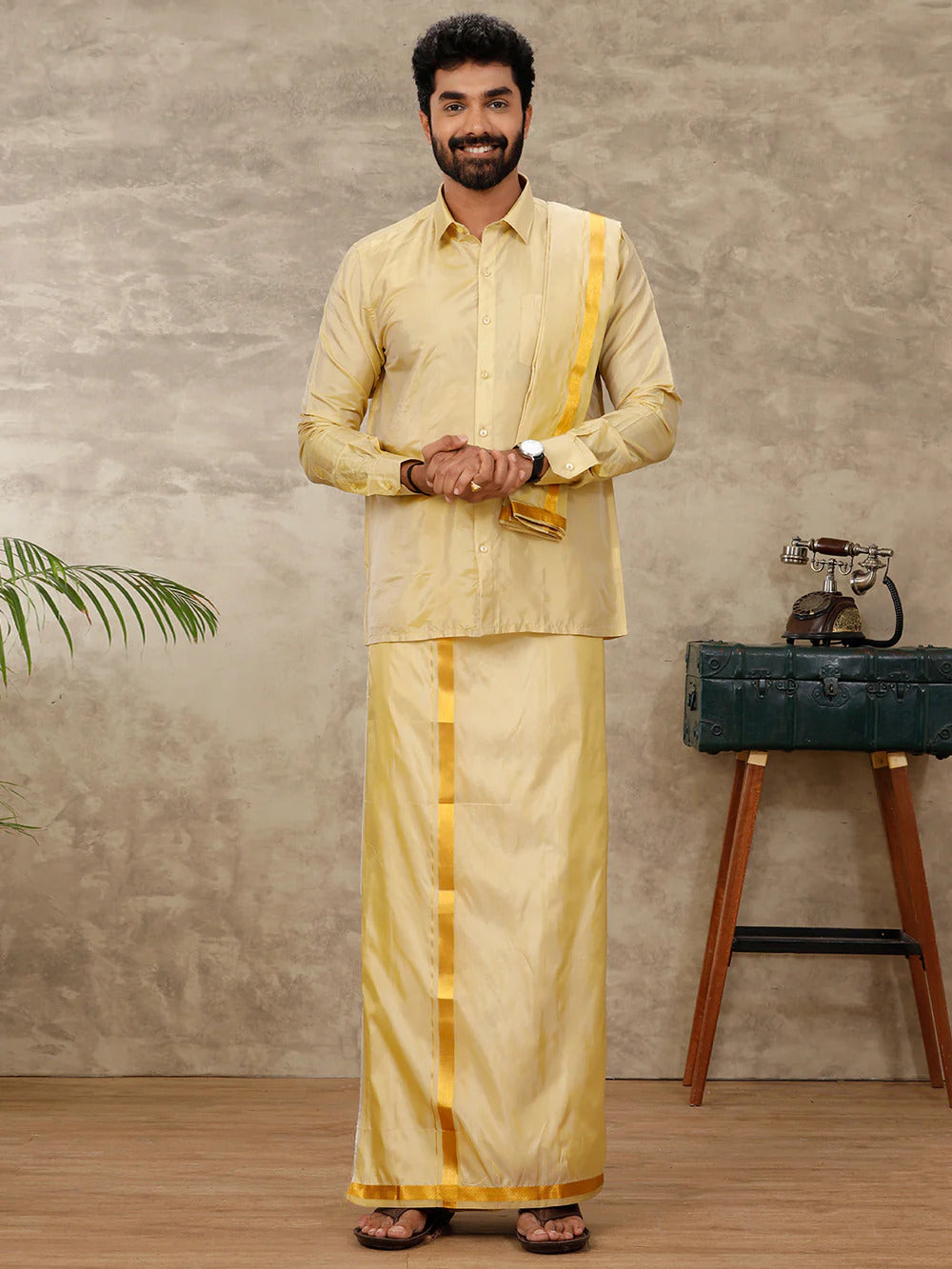 Ramraj Art Silk Gold Shirt with Dhoti & Towel Set