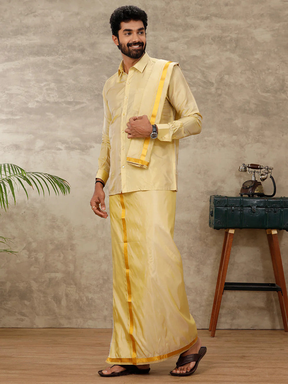 Ramraj Art Silk Gold Shirt with Dhoti & Towel Set