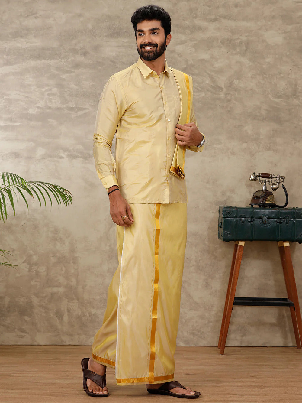 Ramraj Art Silk Gold Shirt with Dhoti & Towel Set