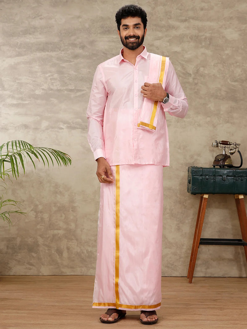 Ramraj Art Silk Pink Shirt with Dhoti & Towel Set