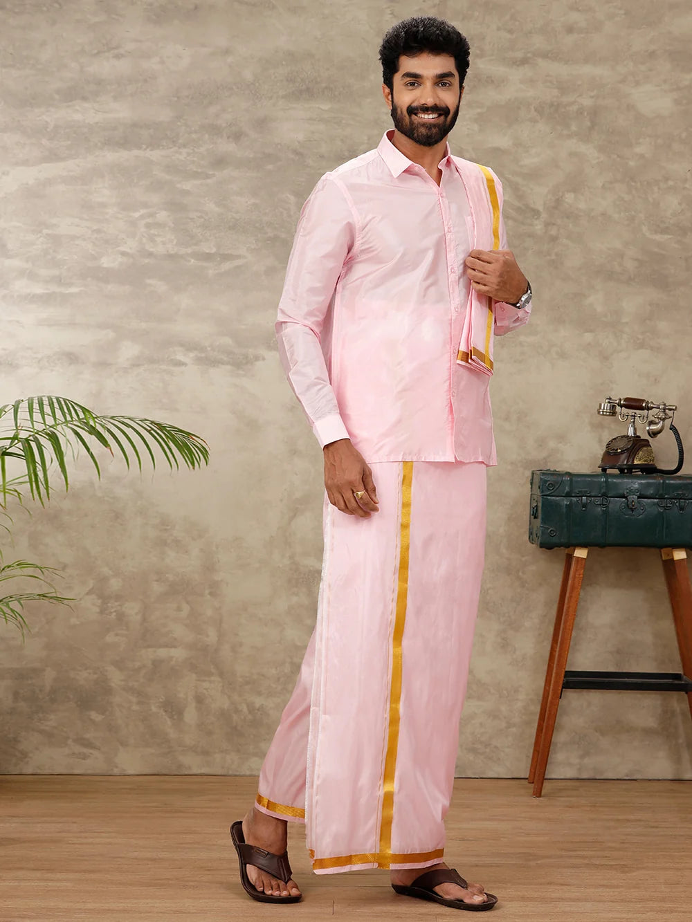 Ramraj Art Silk Pink Shirt with Dhoti & Towel Set