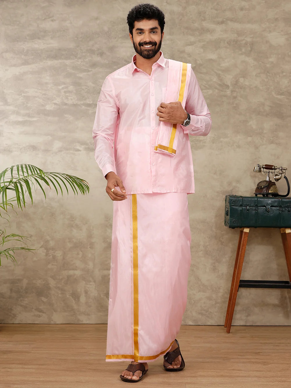 Ramraj Art Silk Pink Shirt with Dhoti & Towel Set