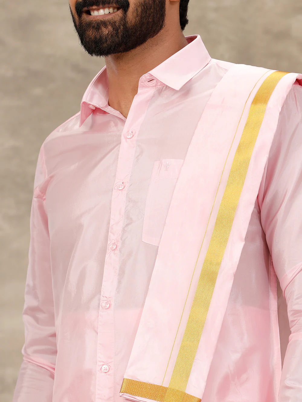 Ramraj Art Silk Pink Shirt with Dhoti & Towel Set
