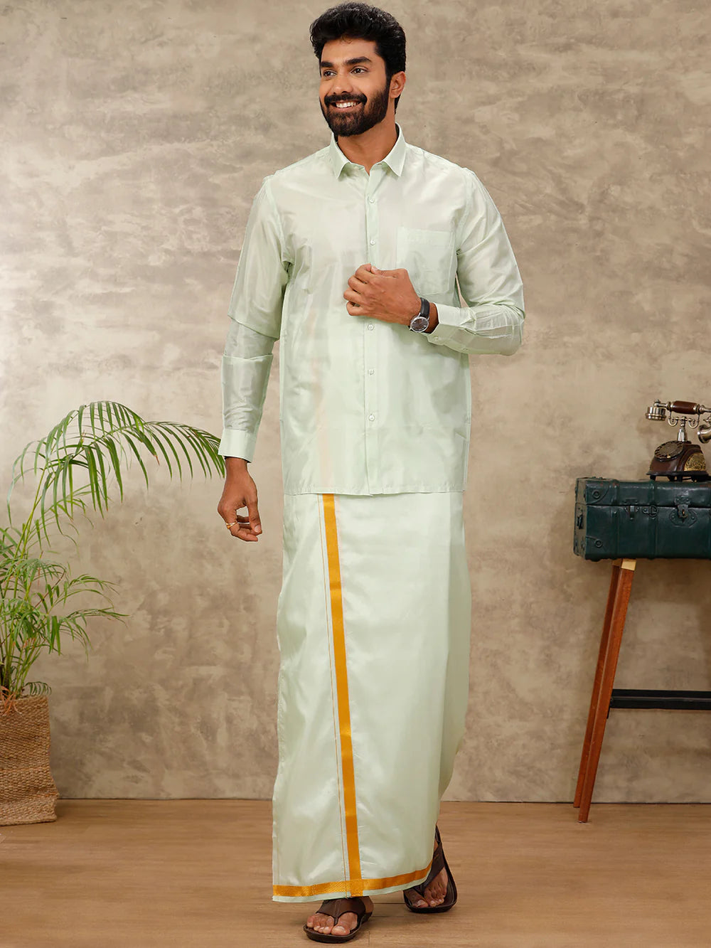 Ramraj Art Silk Green Shirt with Dhoti & Towel Set