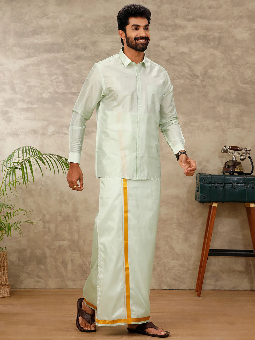 Ramraj Art Silk Green Shirt with Dhoti & Towel Set