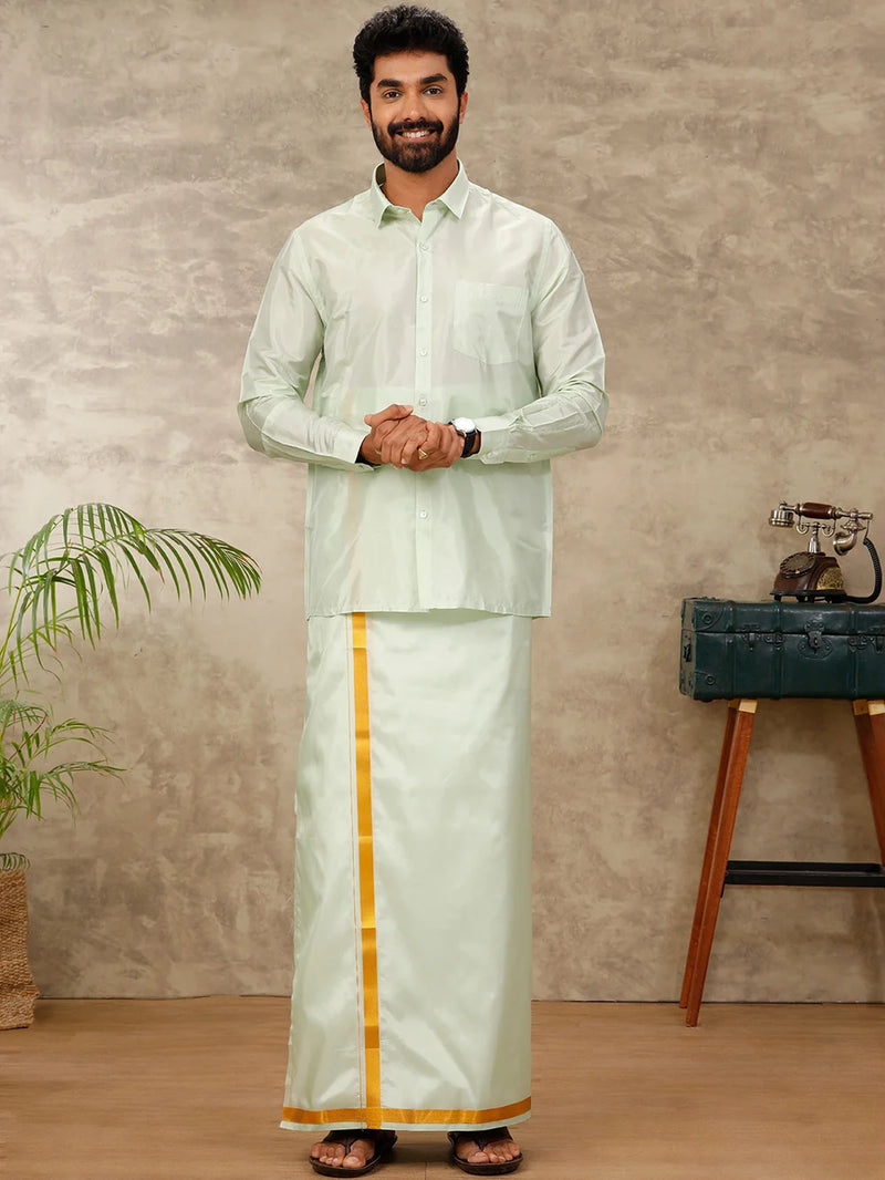 Ramraj Art Silk Green Shirt with Dhoti & Towel Set