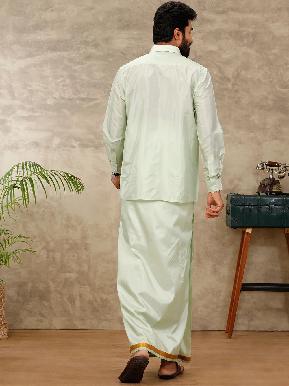 Ramraj Art Silk Green Shirt with Dhoti & Towel Set