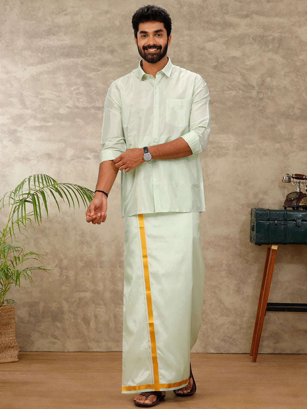 Ramraj Art Silk Green Shirt with Dhoti & Towel Set