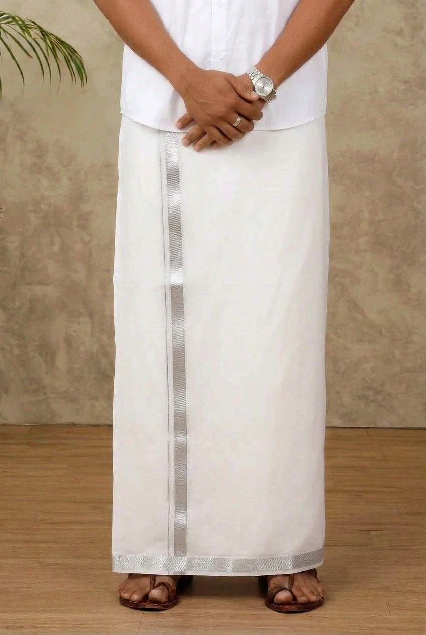 Ramraj Genxt Adjustable Pocket White Dhotis Double Layer Silver Border 11498