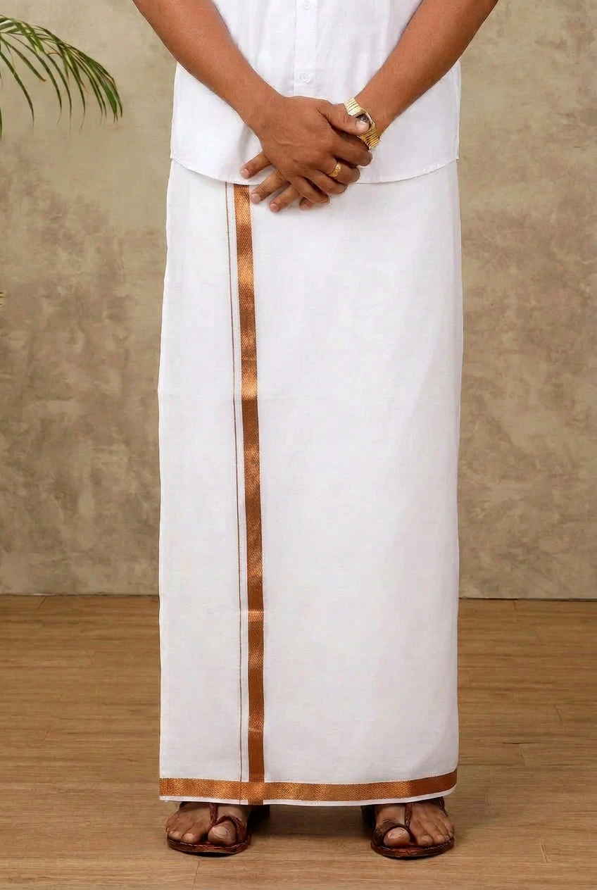 Ramraj Genxt Adjustable Pocket White Dhotis Double Layer Copper Border 428