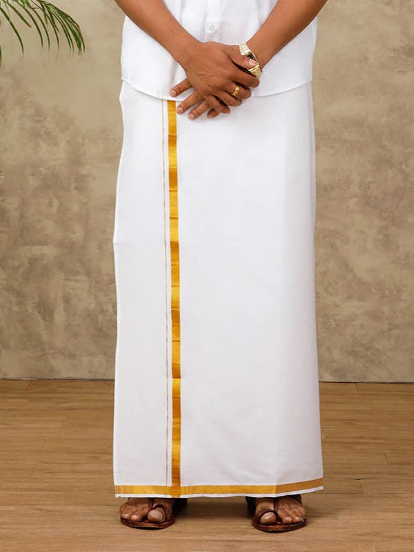 Ramraj Single Layer Cotton Blend Readymade White Dhoti with Gold Jari Border - 248