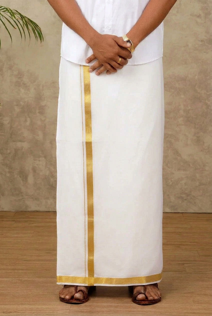 Ramraj Genxt Adjustable Pocket White Dhotis Double Layer Gold Border W428
