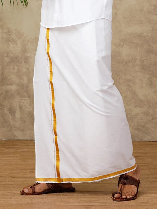 Ramraj Single Layer Cotton Blend Readymade White Dhoti with Gold Jari Border - 248