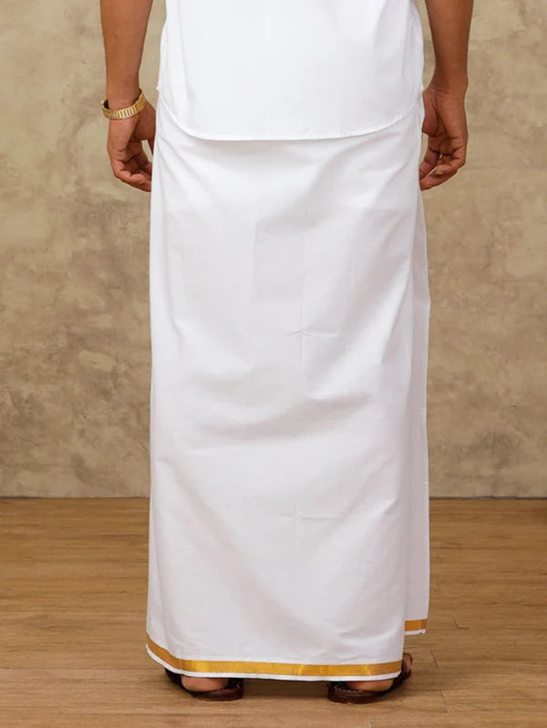 Ramraj Single Layer Cotton Blend Readymade White Dhoti with Gold Jari Border - 248