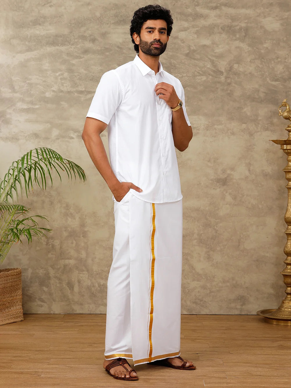 Ramraj Single Layer Cotton Blend Readymade White Dhoti with Gold Jari Border - 248