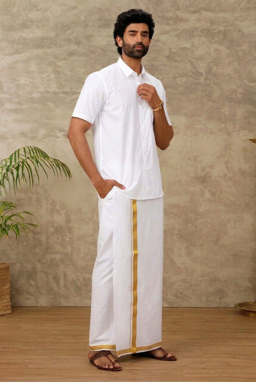 Ramraj Genxt Adjustable Pocket White Dhotis Double Layer Gold Border W428