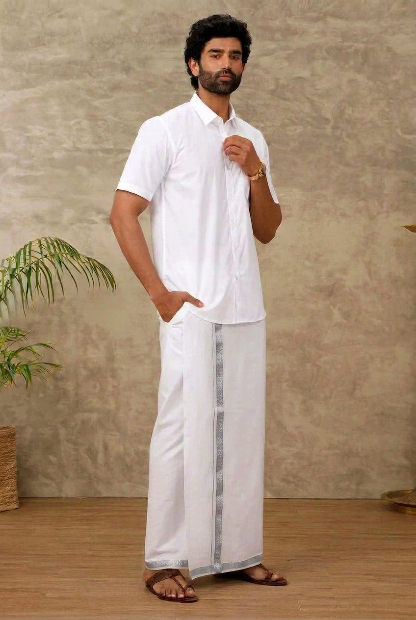 Ramraj Genxt Adjustable Pocket White Dhotis Double Layer Silver Border 11498