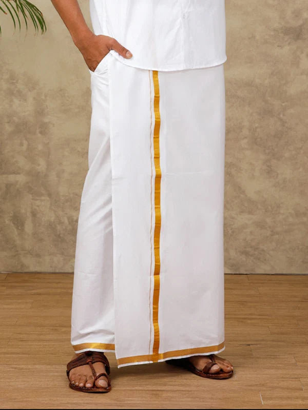 Ramraj Single Layer Cotton Blend Readymade White Dhoti with Gold Jari Border - 248