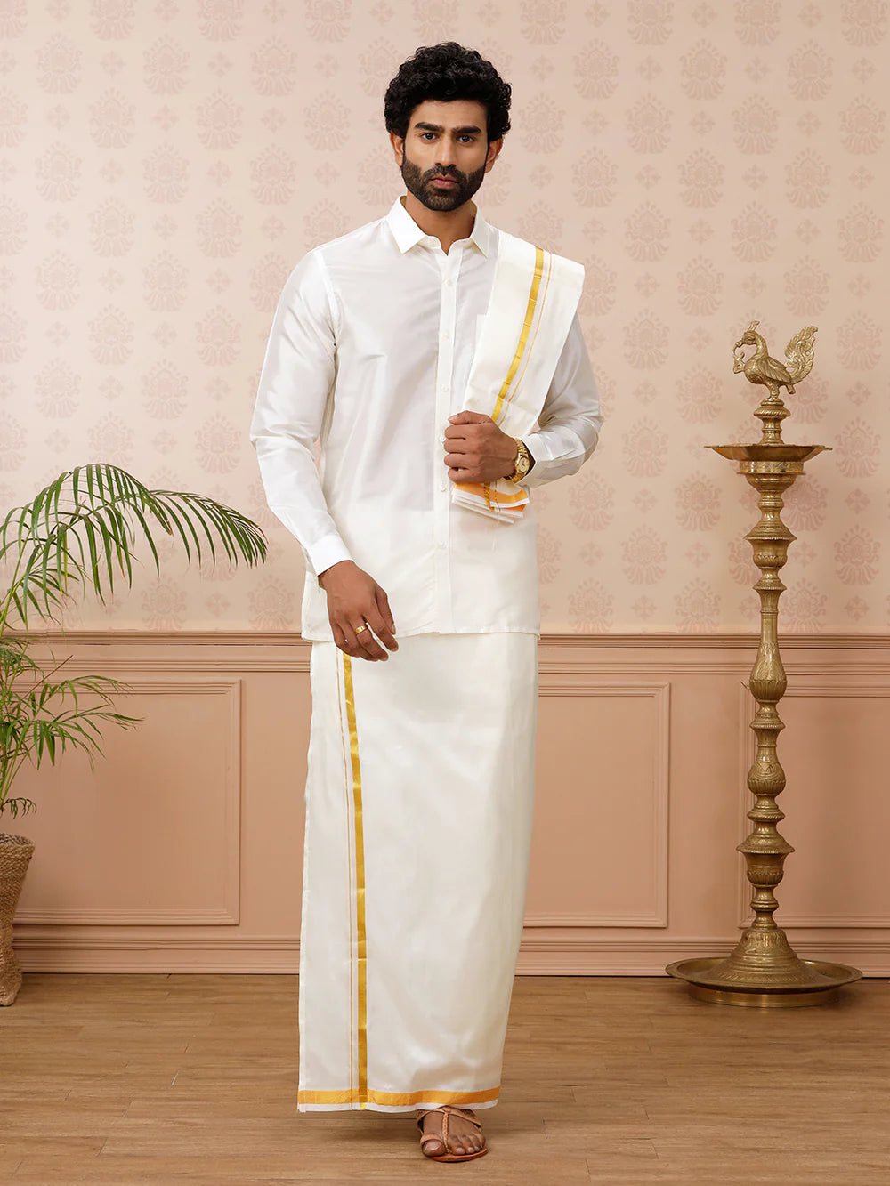 Ramraj Pure Silk Cream Shirt with 3/4" inch Jari Border Dhoti & Towel Set