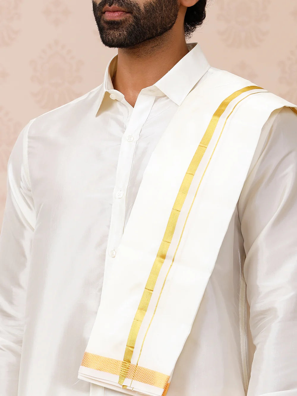 Ramraj Pure Silk Cream Shirt with 3/4" inch Jari Border Dhoti & Towel Set