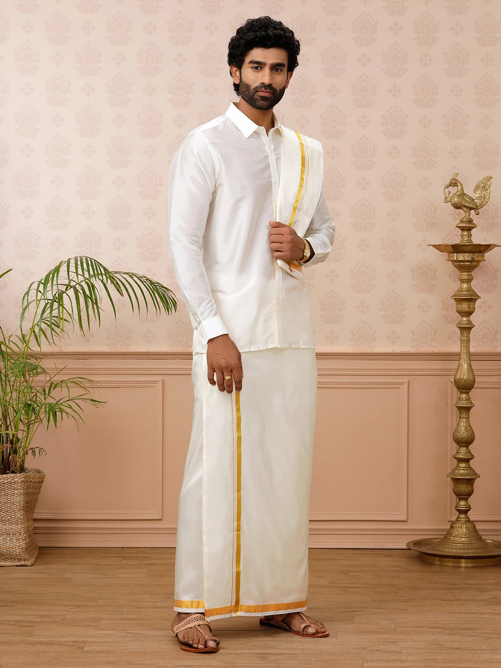 Ramraj Pure Silk Cream Shirt with 3/4" inch Jari Border Dhoti & Towel Set