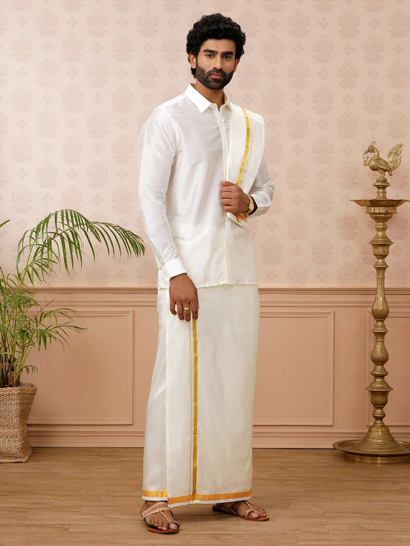 Ramraj Pure Silk Cream Shirt with 3/4" inch Jari Border Dhoti & Towel Set