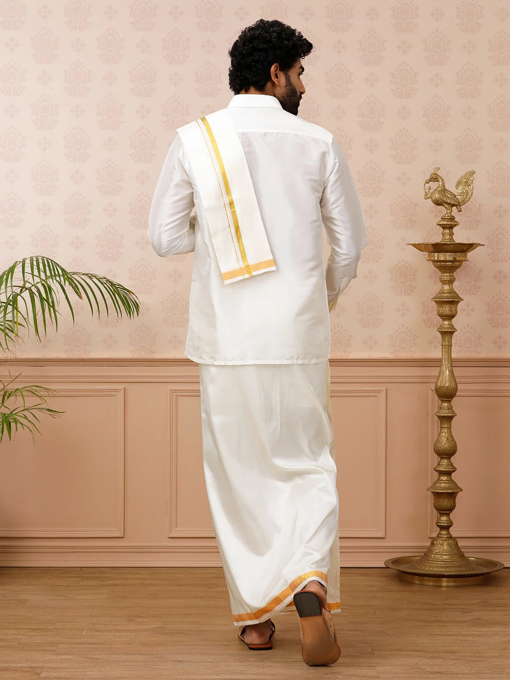 Ramraj Pure Silk Cream Shirt with 3/4" inch Jari Border Dhoti & Towel Set