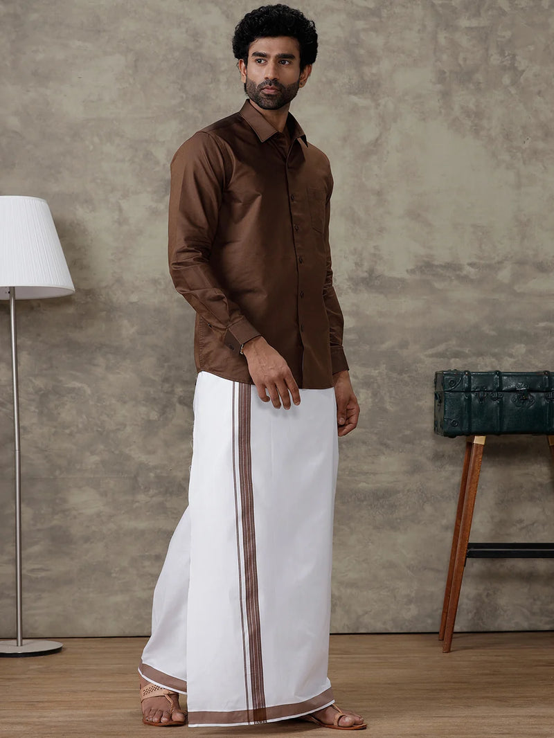 Ramraj Cotton Rich Dark Brown Shirt With Matching Border Dhoti Set Evolution ROX8