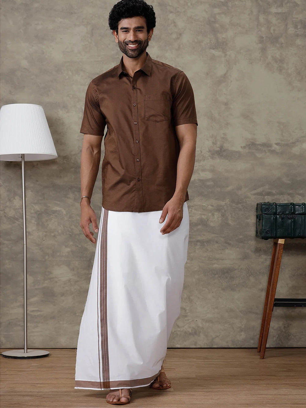 Ramraj Cotton Rich Dark Brown Shirt With Matching Border Dhoti Set Evolution ROX8