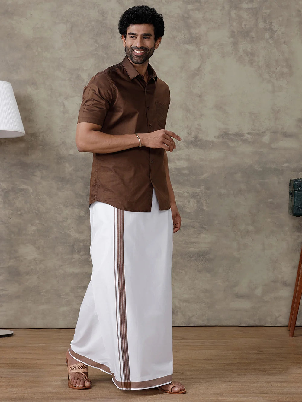Ramraj Cotton Rich Dark Brown Shirt With Matching Border Dhoti Set Evolution ROX8