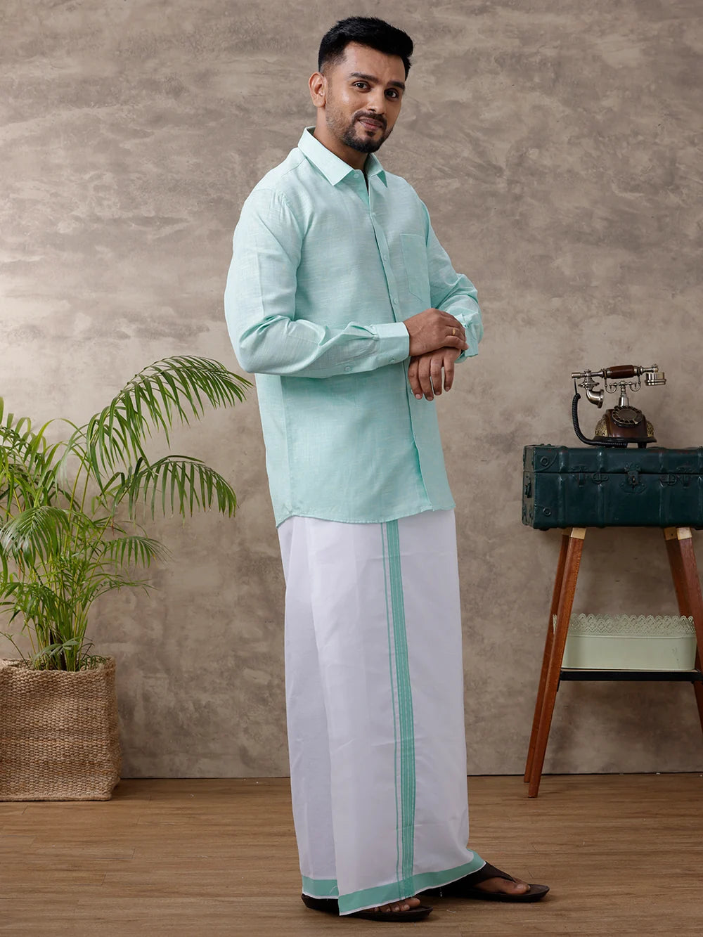 Ramraj Cotton Rich Light Pista Green Shirt with Matching Border Dhoti Set C83