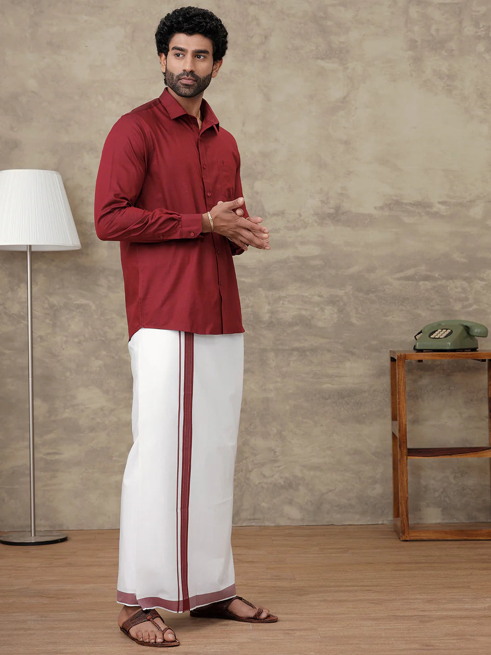 Ramraj Cotton Rich Dark Red Colour Shirt With Matching Border Dhoti Set Evolution ROX6