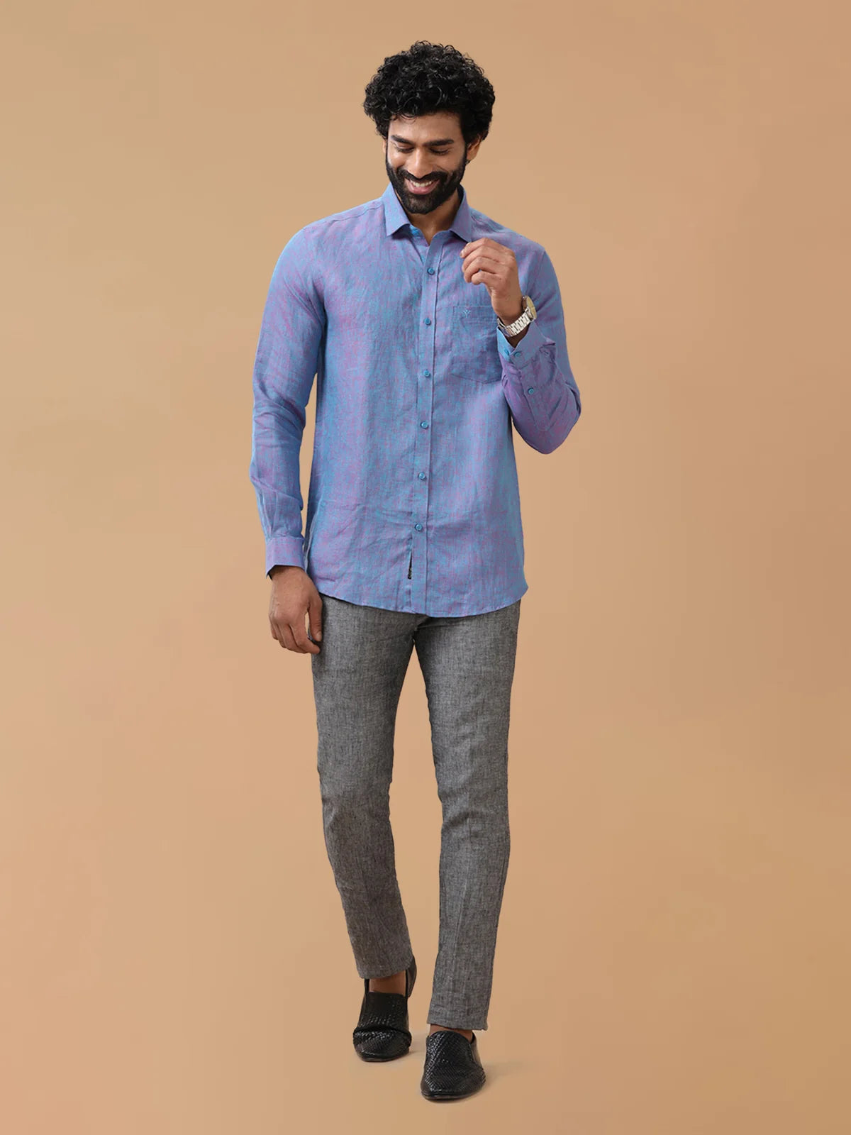 Ramraj Pure Linen Teal Red Smart Fit Shirt L81