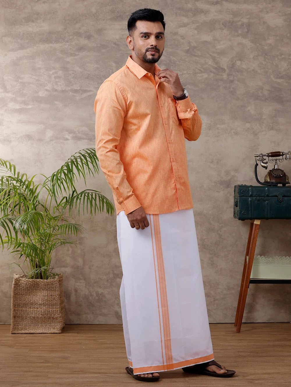 Ramraj Cotton Rich Orange Shirt with Matching Border Dhoti Set C2