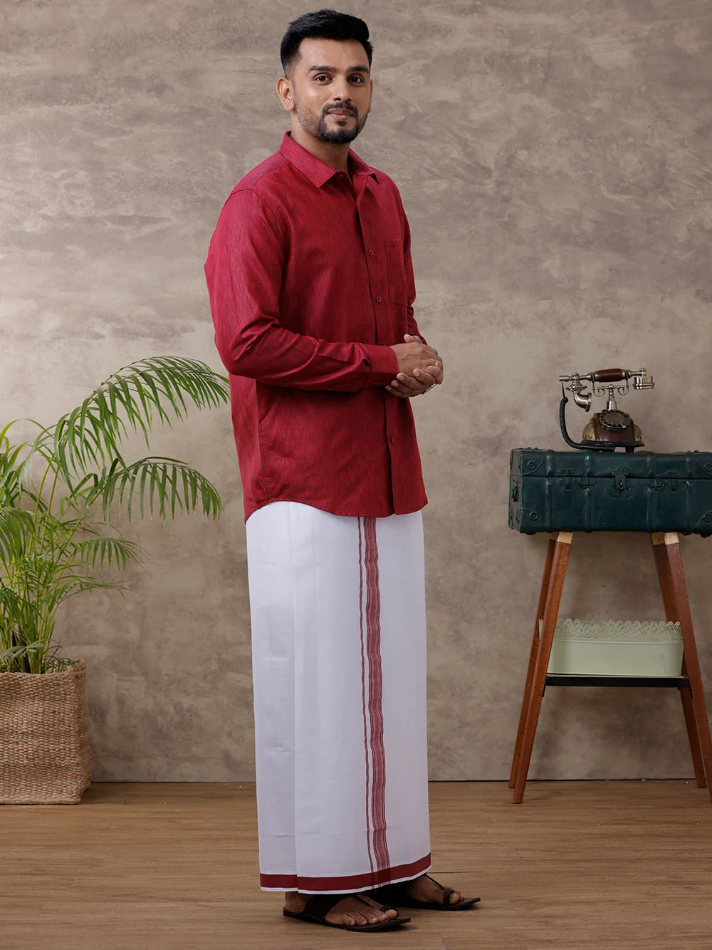 Ramraj Cotton Rich Maroon Shirt with Matching Border Dhoti Set C81