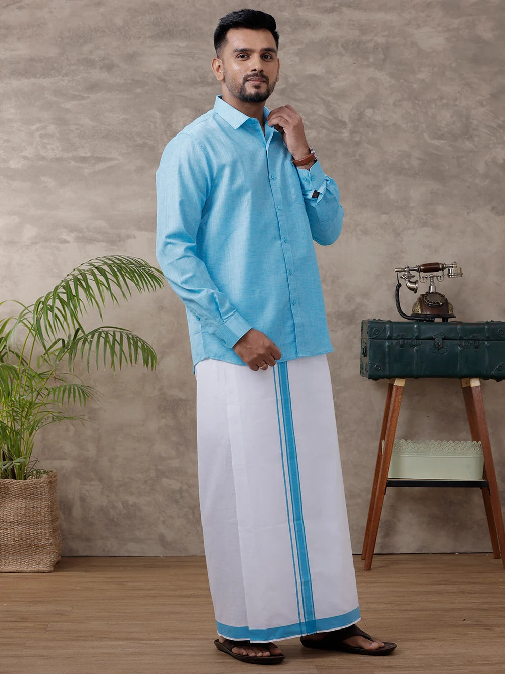 Ramraj Cotton Rich Blue Shirt with Matching Border Dhoti Set C11