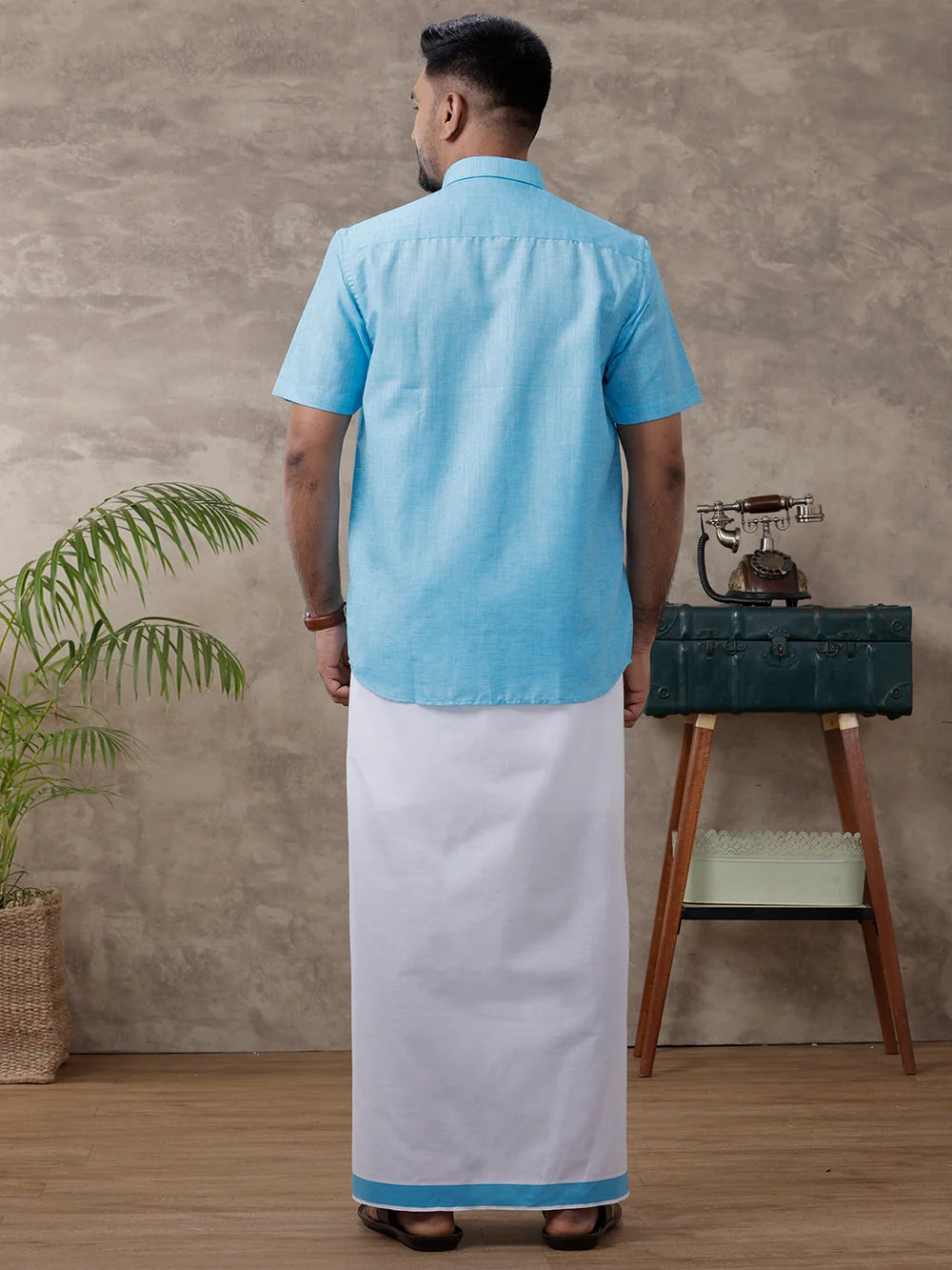 Ramraj Cotton Rich Blue Shirt with Matching Border Dhoti Set C11