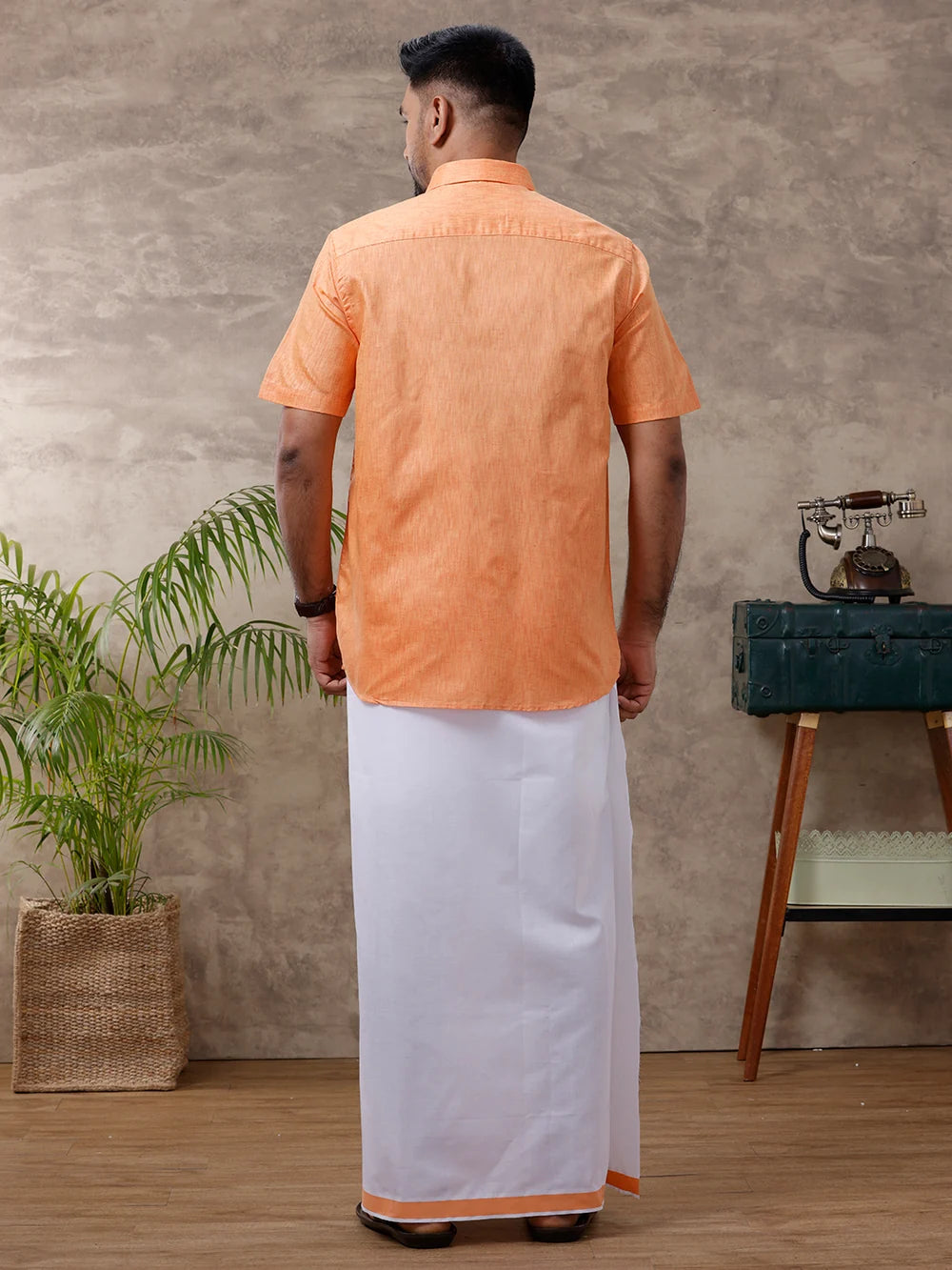 Ramraj Cotton Rich Orange Shirt with Matching Border Dhoti Set C2
