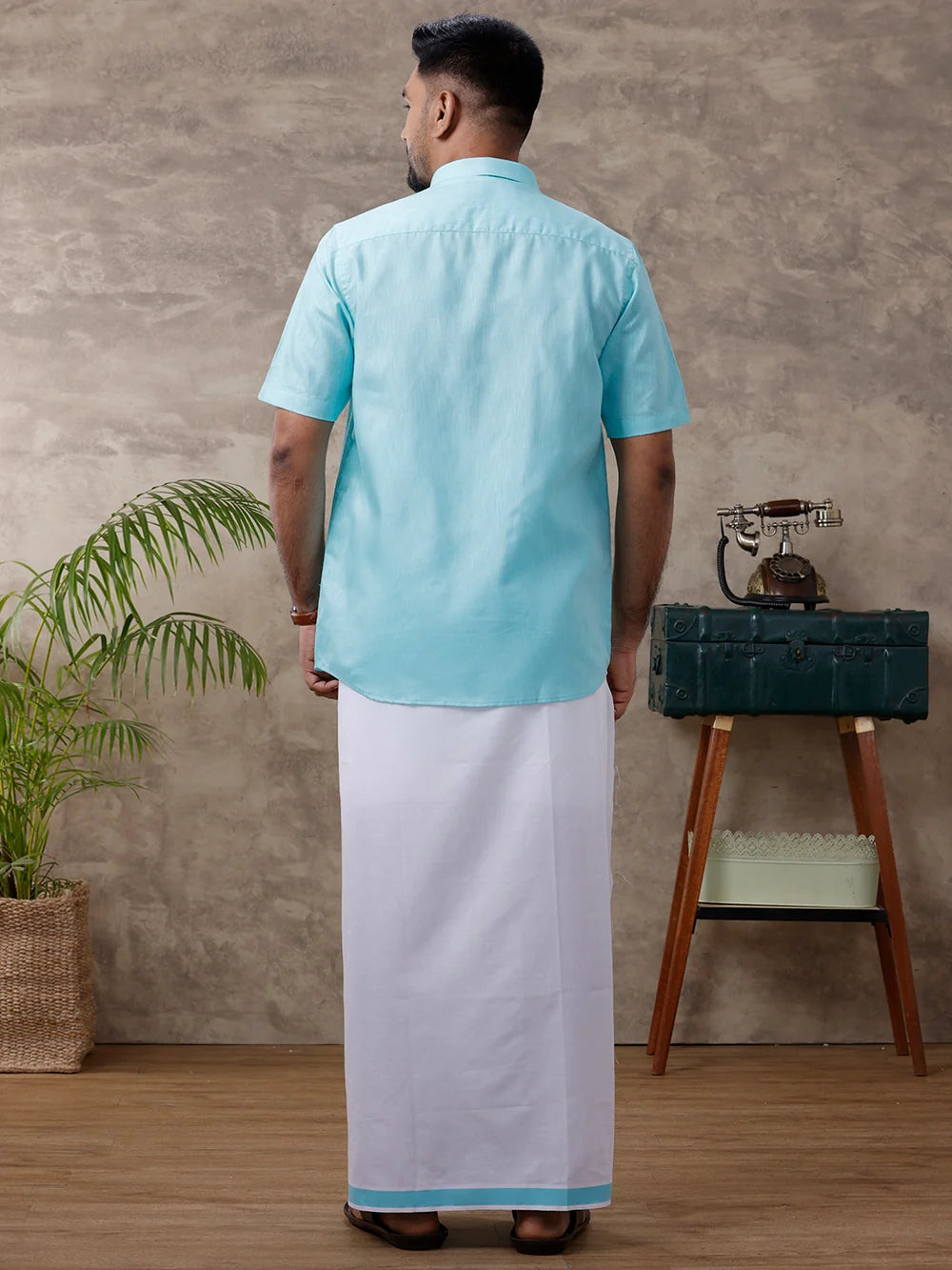 Ramraj Cotton Rich Blue Shirt with Matching Border Dhoti Set C50
