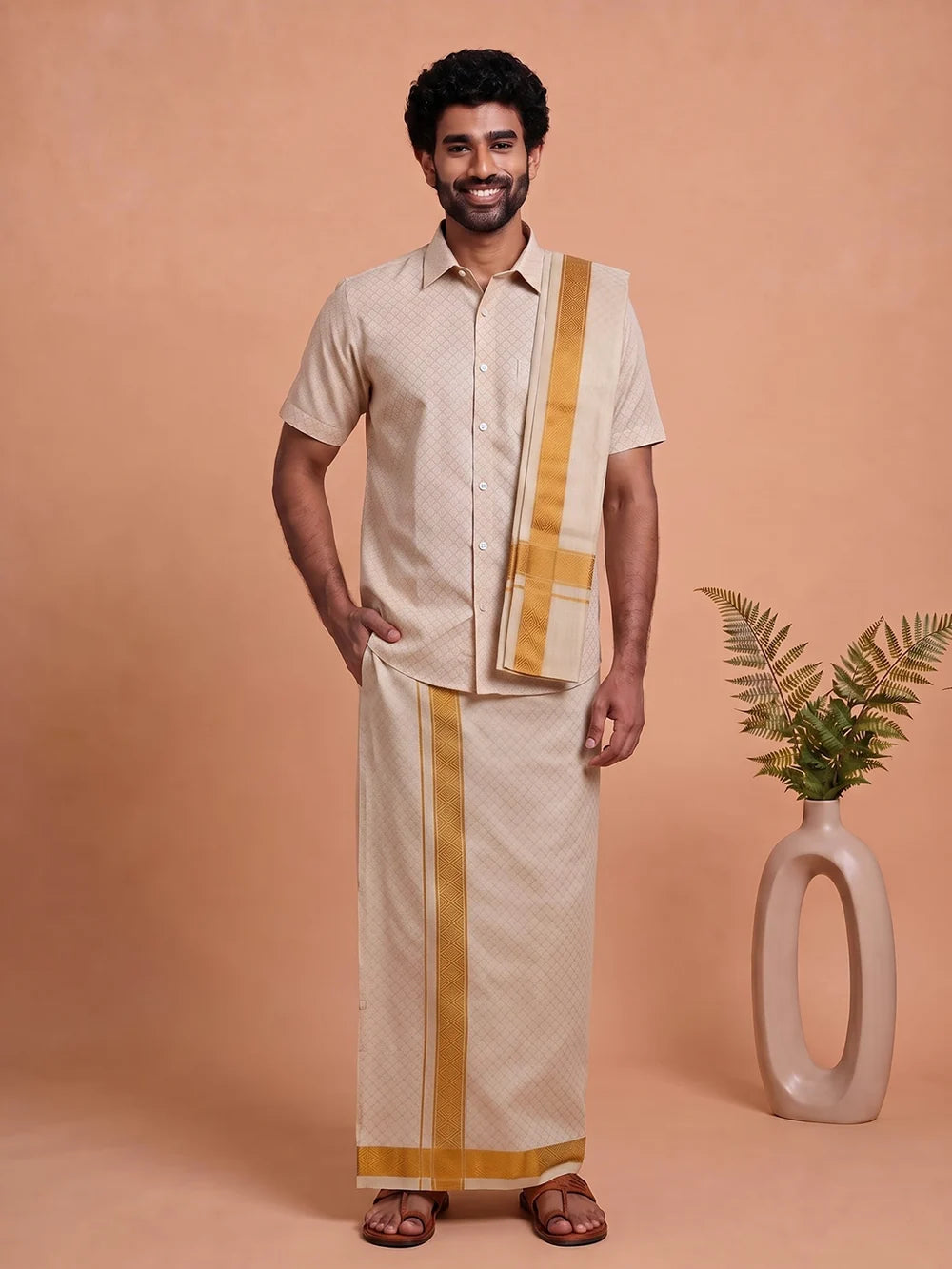 Ramraj Tissue Gold Jacquard Shirt, Dhoti & Towel Set (3x1) | GD13