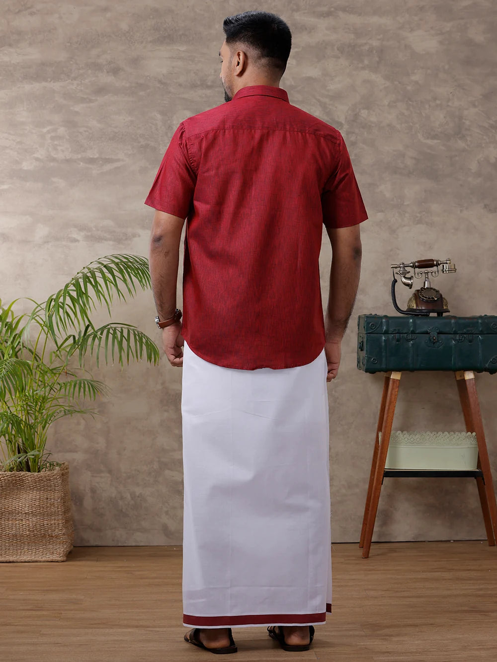 Ramraj Cotton Rich Maroon Shirt with Matching Border Dhoti Set C81