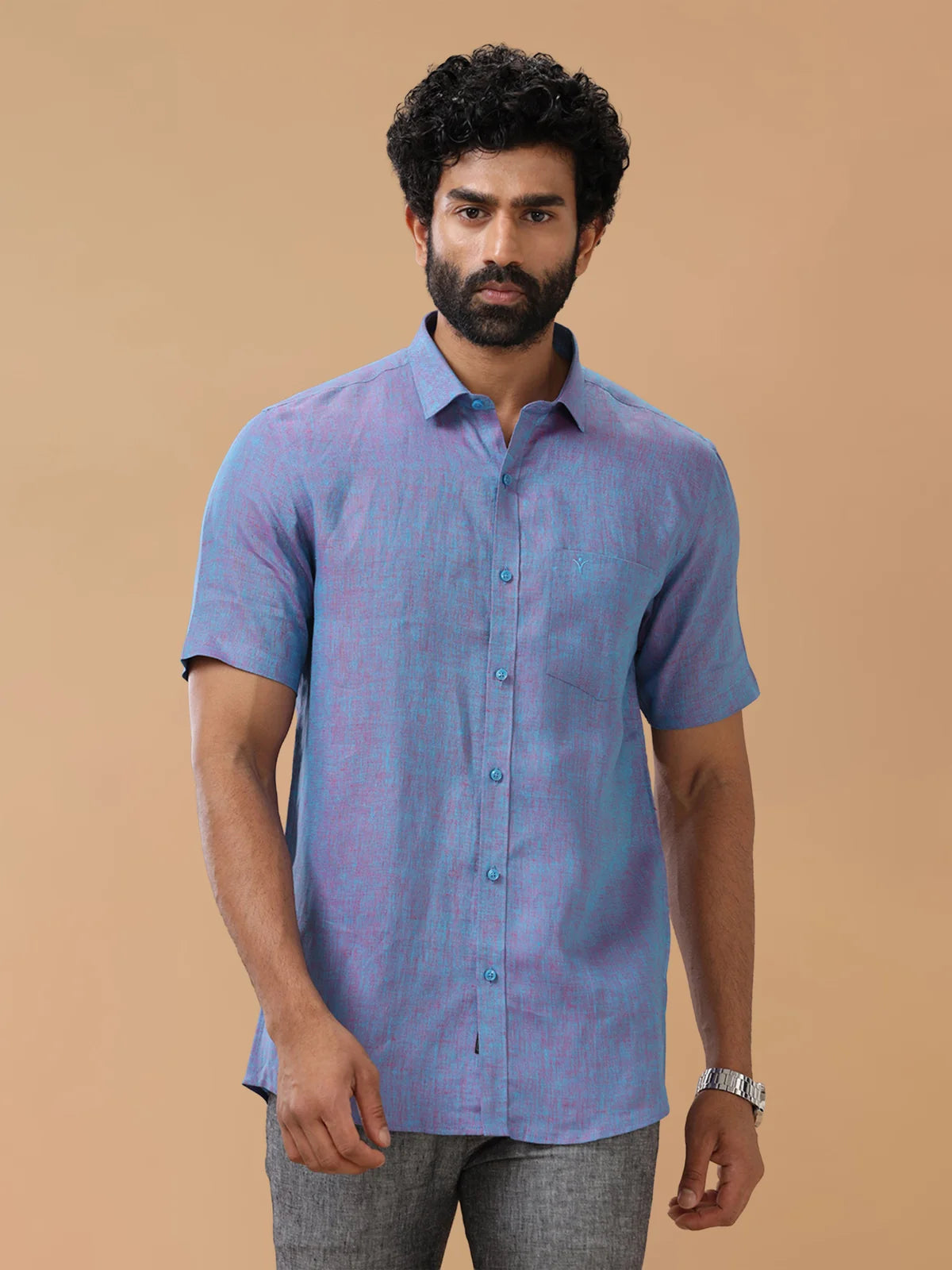 Ramraj Pure Linen Teal Red Smart Fit Shirt L81