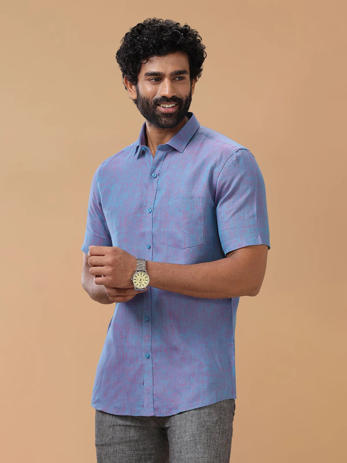 Ramraj Pure Linen Teal Red Smart Fit Shirt L81