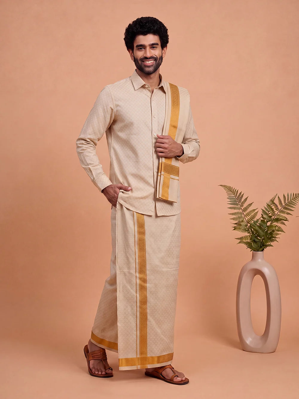 Ramraj Tissue Gold Jacquard Shirt, Dhoti & Towel Set (3x1) | GD13